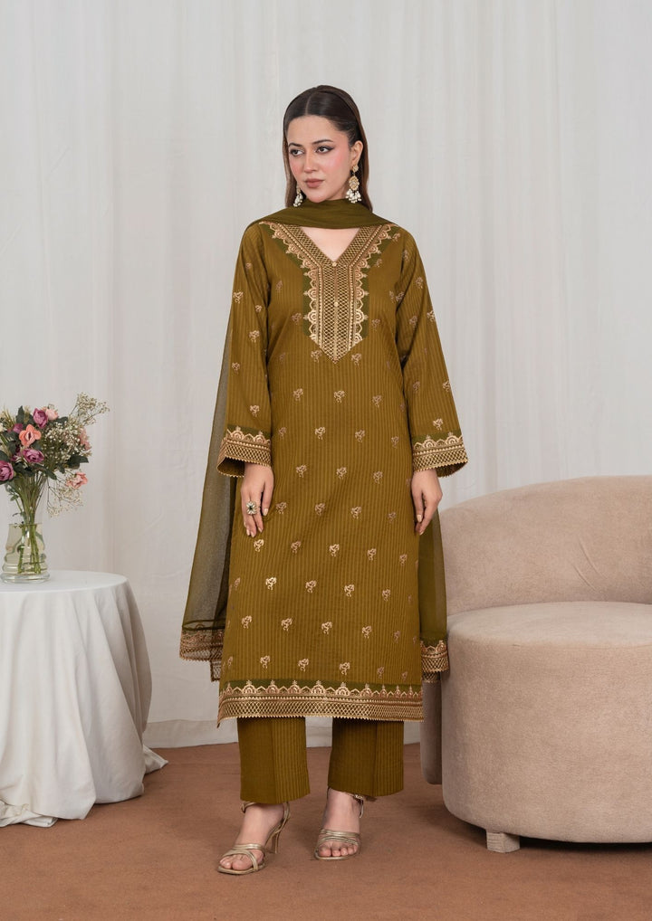3Pc Tilla Embroidered Textured Lawn with Embroidered Border Chiffon Dupatta Olivish Brown JASHAN-J26-0027