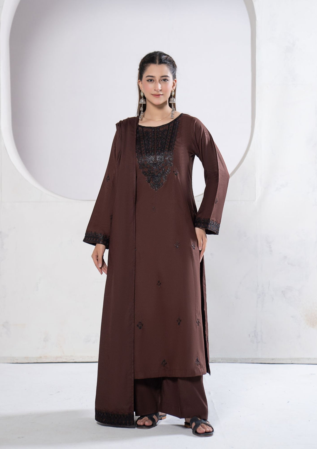 3Pc Embroidered Alpine Karandi Chocolate SAY-W26-0002