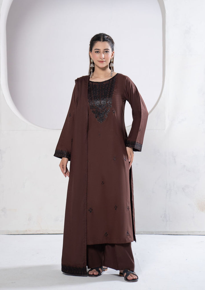 3Pc Embroidered Alpine Karandi Chocolate SAY-W26-0002