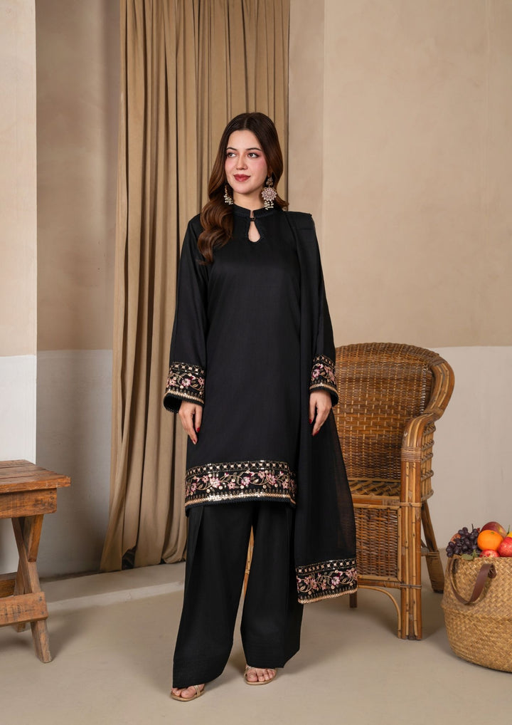 3Pc Embroidered Silk Viscose with Farshi Shalwar Black JASHAN-J26-0001