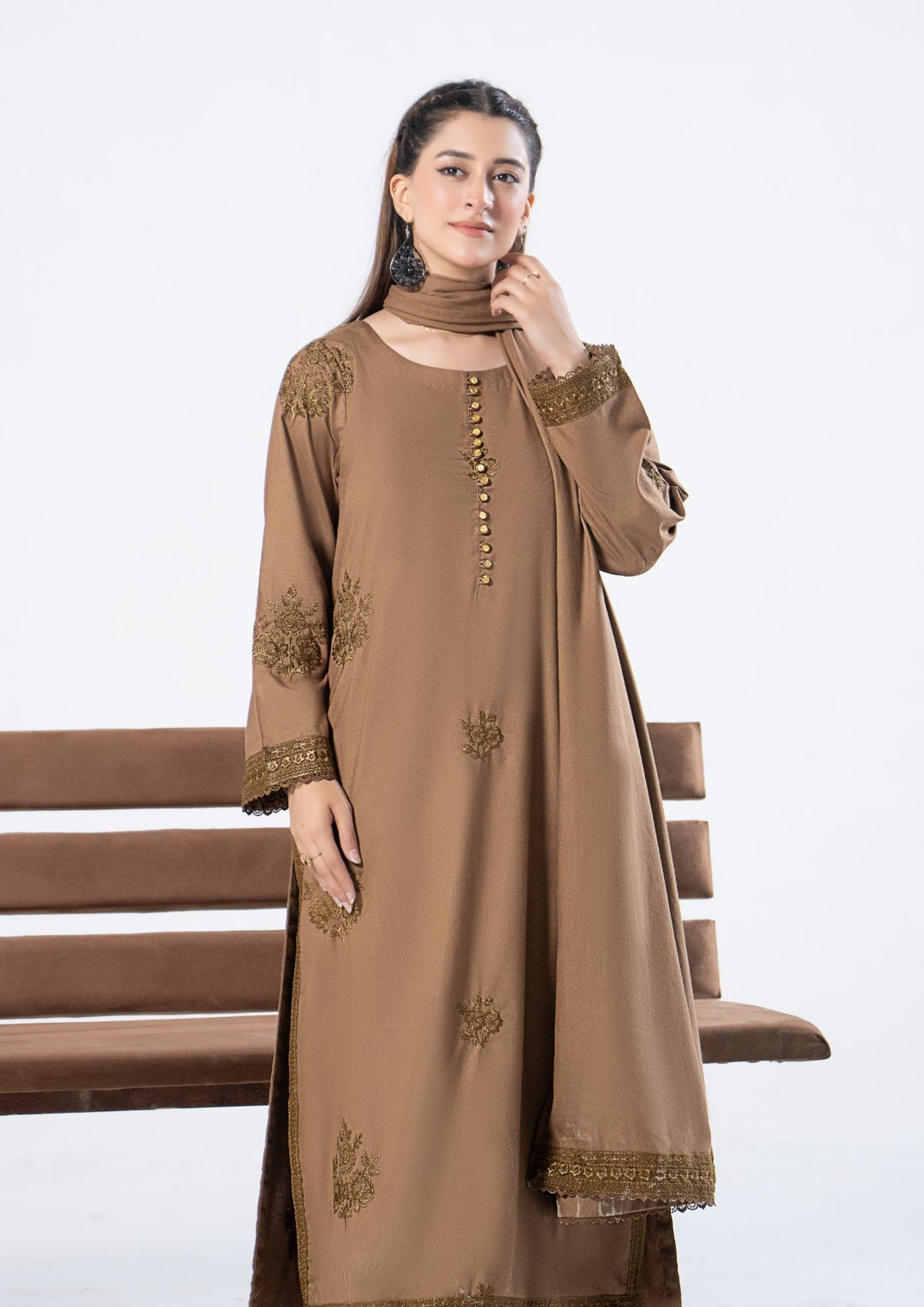3Pc Embroidered Alpine Karandi Camel Brown SAY-W26-0017