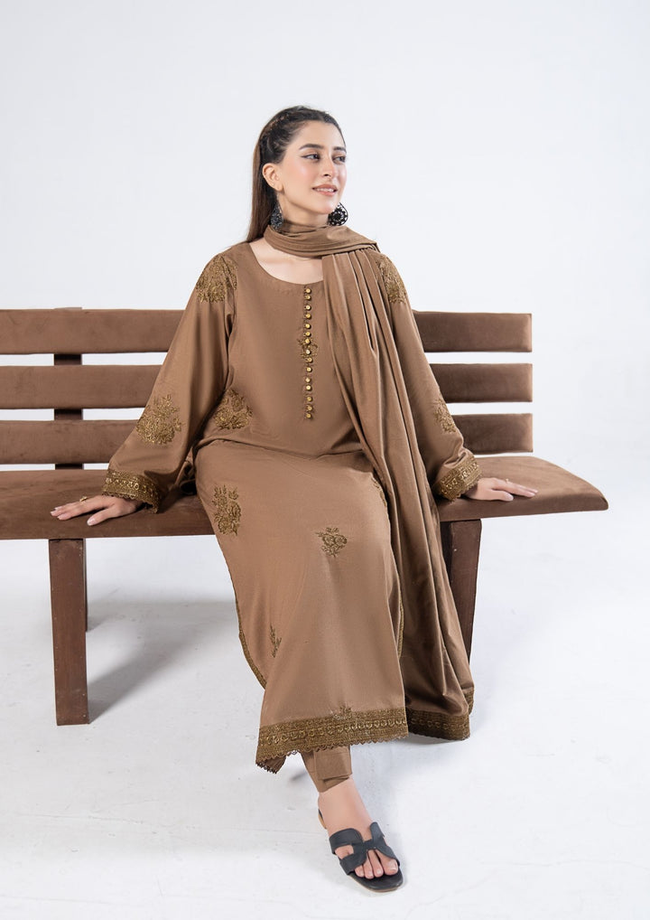 3Pc Embroidered Alpine Karandi Camel Brown SAY-W26-0017