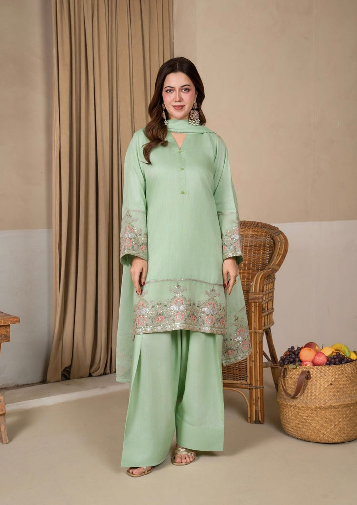 3Pc Embroidered Silk Viscose with Farshi Shalwar Mint JASHAN-J26-0005