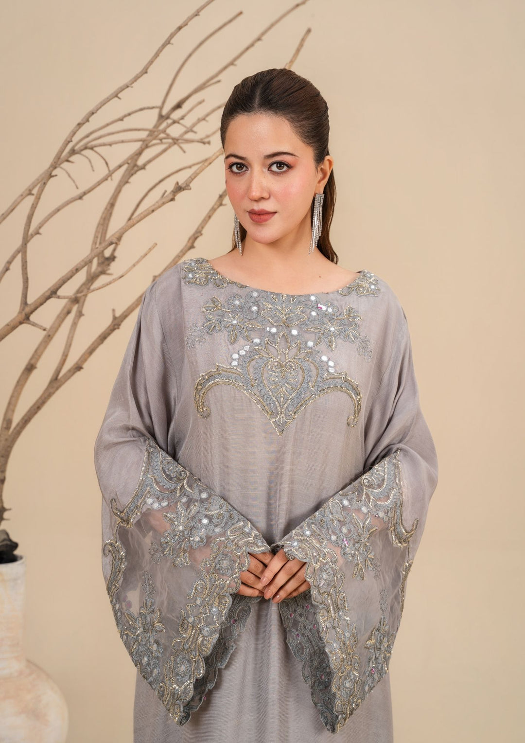 2Pc Silk Viscose Kaftan Silver JASHAN-J26-0025