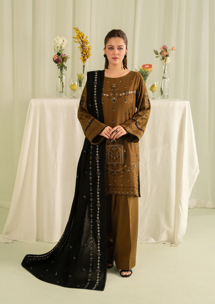 3Pc Silk Karandi Embroidered with Silk Karandi Shawl Mehndi AFP-A25-0010