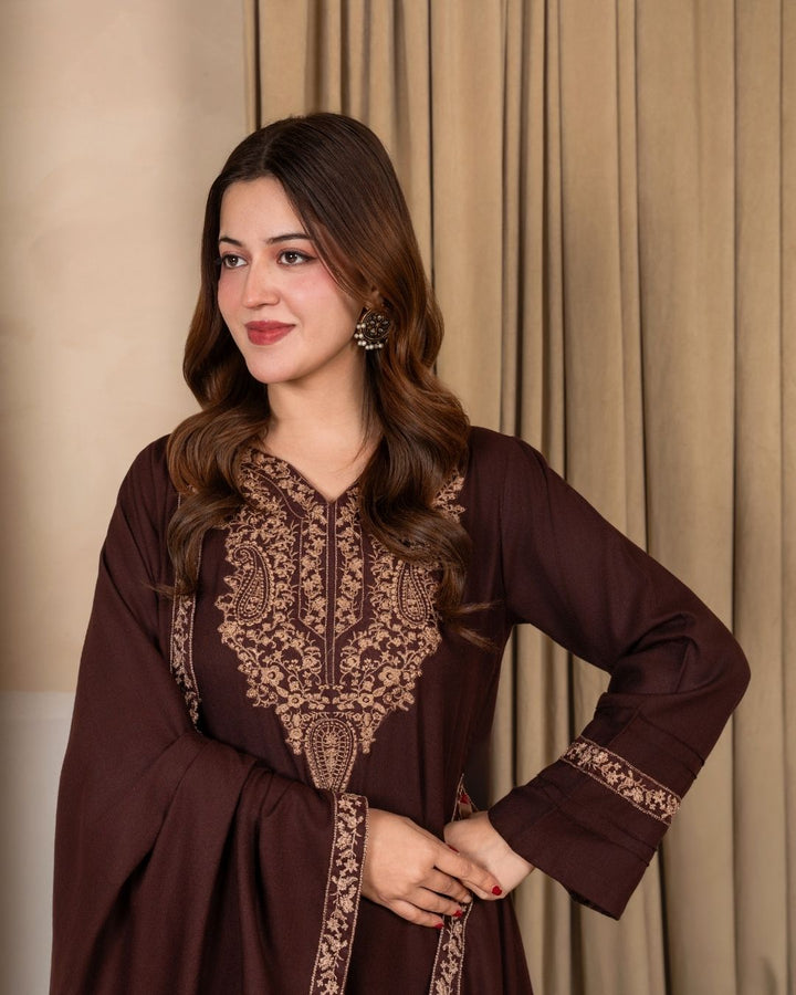 3pc Embroidered Alpine Karandi with Embroidered Border Shawl Brown AML-W25-0101