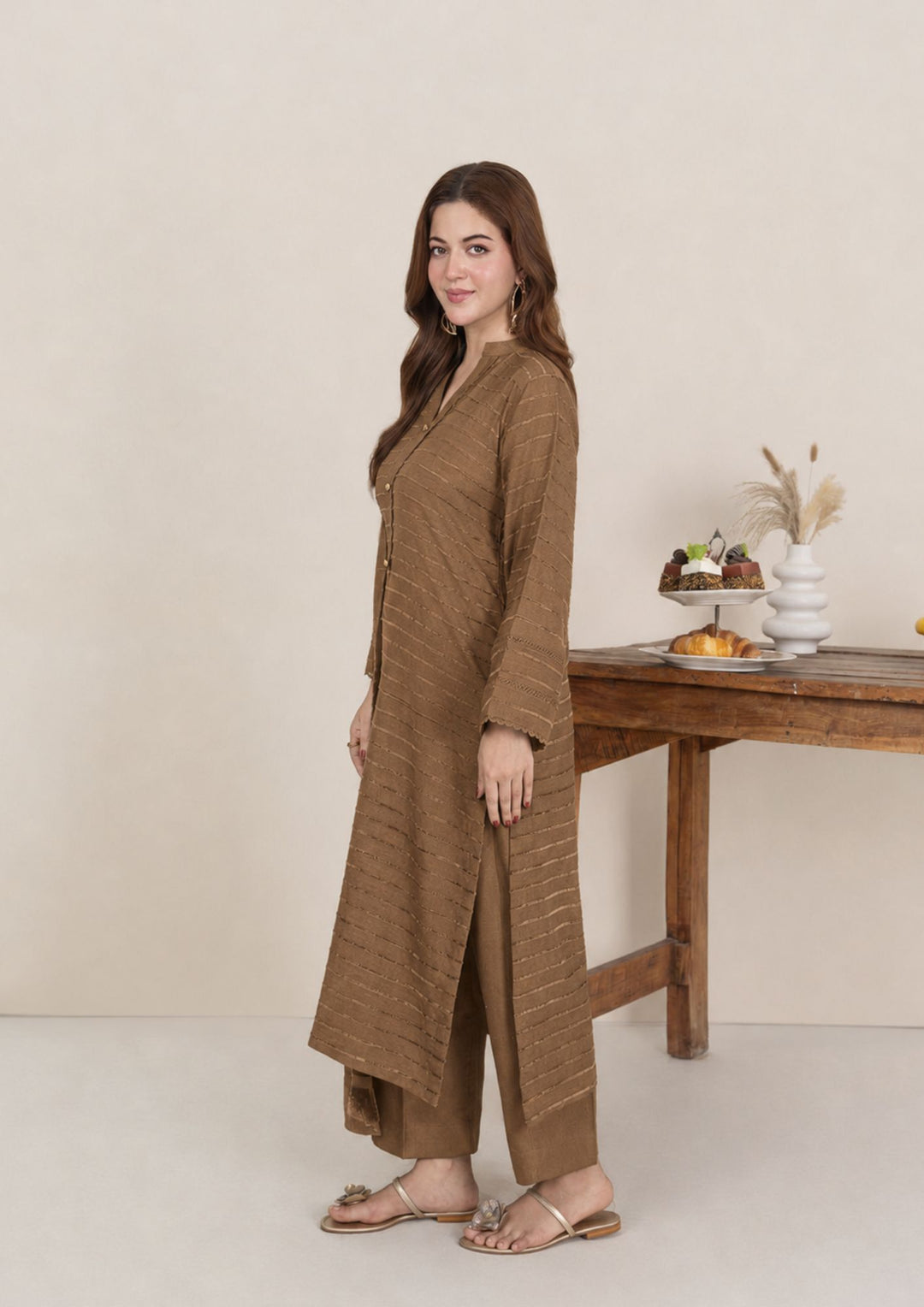 3pc Alpine Velvet Shirt with Velvet Border Shawl and Plain Trouser Chikoo AML-W26-0002