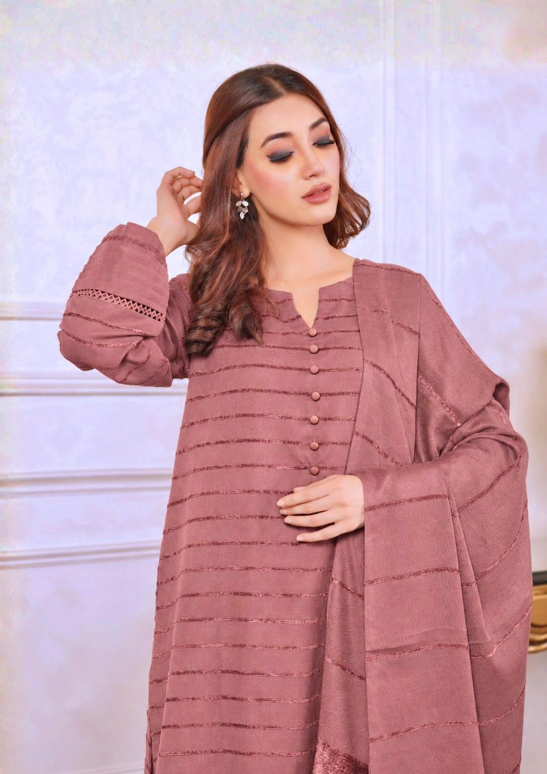 3pc Alpine Velvet Shirt with Velvet Border Shawl and Plain Trouser Tea Pink AML-W26-0008