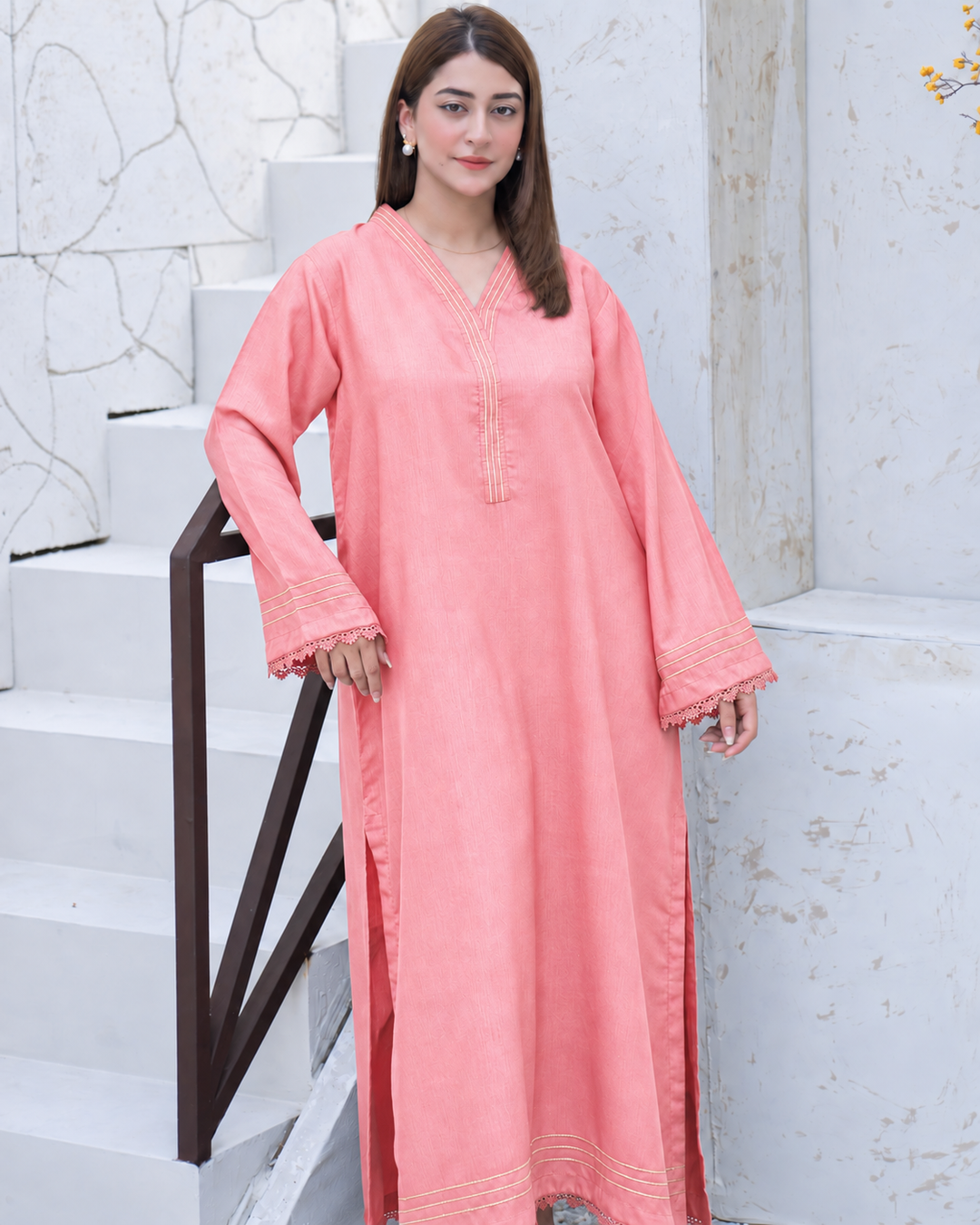 2Pc Silk Viscose Kaftan Peachish Pink JUPITER-S26-0013